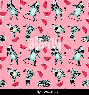 Seamless pattern with cute zebras and watermelon on pink background. Flat vector illustration. Stock Vector