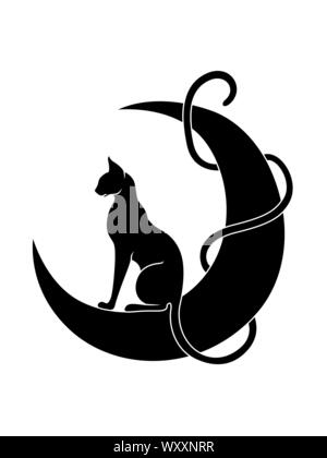 The long tail graceful and elegant cat interlace the moon, black vector hand drawing on white Stock Vector