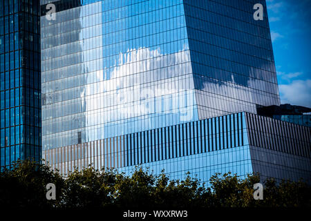 Clouds reflected off of the glass exterior of buildings in Hudson Yards and vicinity in New York on Sunday, September 1, 2019. (© Richard B. Levine) Stock Photo