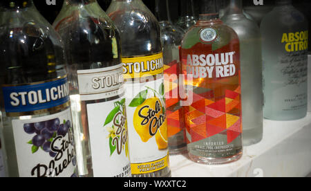 A selection of bottles of top shelf liquor displayed in the window of a bar in Midtown Manhattan in New York on Saturday, September 7, 2019.  (© Richard B. Levine) Stock Photo