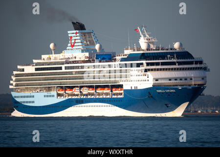 Cruise Liner,Marellor Explorer, leaving,Southampton,terminal,The Solent,Cowes,isle of Wight,England,UK, Stock Photo