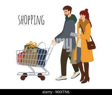 Happy young married couple with purchases. Man with a shopping cart and a woman with the packages. Isolated vector illustration of a flat design Stock Vector