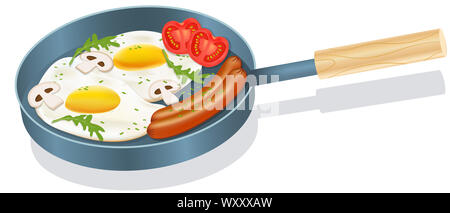 Vector illustration. Breakfast concept. Appetizing delicious food, fried sausages, eggs with arugula and vegetables on the pan. Stock Photo