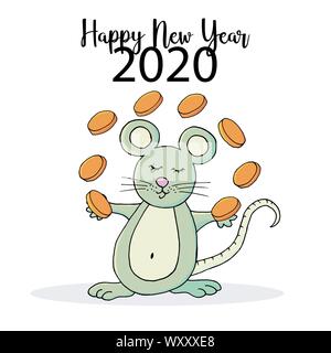 Year of the Rat 2020. Festive symbol on a white background. Happy New Year 2020. Banner, flyer, postcard. Rat with coins in cartoon style Stock Vector
