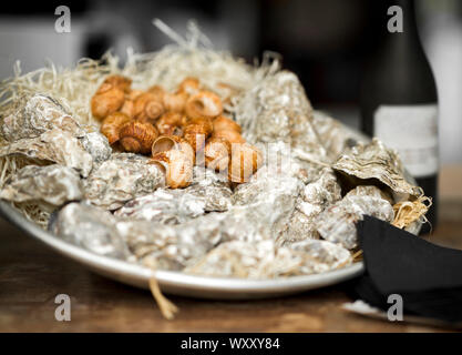 Fresh mussels in shells in big plate and white wine on table Stock Photo