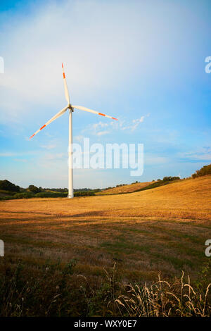 A wind turbine for renewable energy sources, in a field between the Italian hills, at dawn and with the blue sky Stock Photo