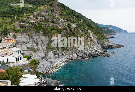 A view south along the Cinque Terre coast from the village of Vernazza, Italy Stock Photo