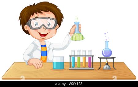 Cartoon scientist boy in lab coat with chemical glassware Stock Vector ...