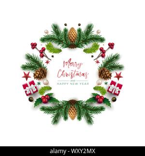 Merry Christnas and happy new year greeting card. Christmas wreath design with festive Christmas decoration ornaments and objects. Vector illustration Stock Vector