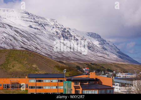 SAUDARKROKUR, ICELAND - Buildings and mountains near town, in northern Iceland. Stock Photo