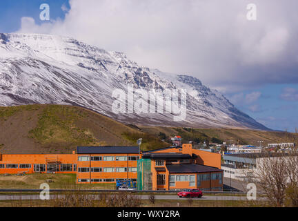 SAUDARKROKUR, ICELAND - Buildings and mountains near town, in northern Iceland. Stock Photo