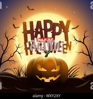 Creepy Halloween midnight illustration. Pumpkins under full moon. Bats are flying. Elements are layered separately in vector file. Stock Vector