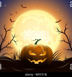 Creepy Halloween midnight illustration. Pumpkins under full moon. Bats are flying. Elements are layered separately in vector file. Stock Vector