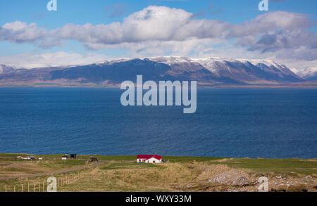 SAUDARKROKUR, ICELAND - Small house, Skagafjordur Fjord, mountain landscape, northern Iceland. Stock Photo