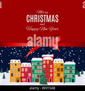 Merry Christmas and Happy New Year Background with Little Town in retro Style. Vector Illustration Stock Vector