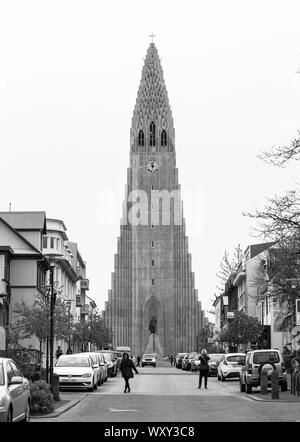 REYKJAVIK, ICELAND - Hallgrimskirkja, white concrete church. Stock Photo