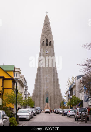 REYKJAVIK, ICELAND - Hallgrimskirkja, white concrete church. Stock Photo