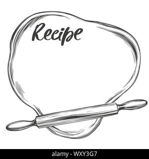 Rolled dough and rolling pin top view, background for text isolated on white background hand drawn vector illustration realistic sketch. Stock Vector
