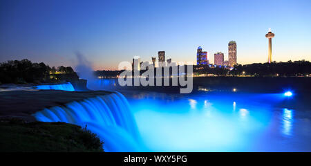 Niagara Falls at dusk including the skyline of the Canadian city of the background
