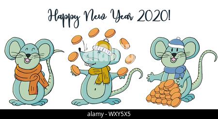 Year of the Rat. 2020 inscription on a white background. Happy New Year 2020. Banner, Symbol of the year. Three rats. Cartoon style Stock Vector