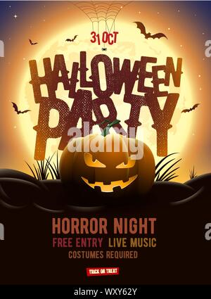 Halloween Party Poster Design. Pumpkins under full moon. Bats are flying. Elements are layered separately in vector file. Stock Vector