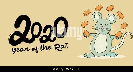 Year of the Rat. 2020 typographic inscription on a yellow background. Happy New Year 2020. Banner, flyer, postcard. Symbol of the year with coins. Car Stock Vector