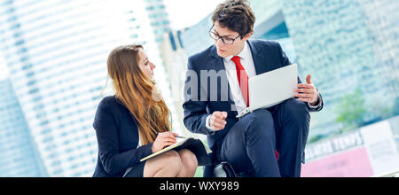 panoramic view on business junior people walking outside office Stock Photo