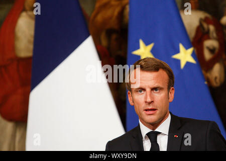 Rome, Italy, 18 Sep 2019. French President Emmanuel Macron attends a press conference with the Italian Premier at the end of their talks at Chigi Palace, Italian government office. Credit: UPDATE IMAGES/Alamy Live News