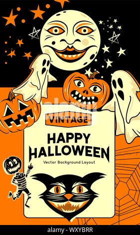 A vintage and retro style halloween party invitation background with  classic signs and symbols including ghosts, pumpkins and a black cat. Vector ill Stock Vector