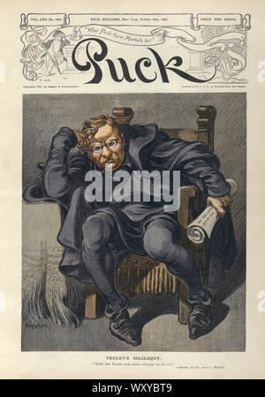 'Tedlet's Soliloquy', Theodore Roosevelt, as Hamlet, sitting in Chair, Holding a Paper Labeled 'My Private Opinion', Puck Magazine, Artwork by Udo J. Keppler, Published by Keppler & Schwarzmann, October 30, 1907 Stock Photo