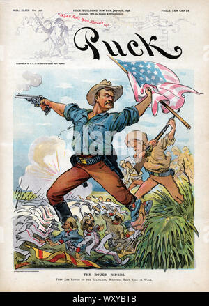 'Rough Riders', Theodore Roosevelt Leading the Rough Riders into Battle against the Spanish in Cuba during the Spanish-American War, Puck Magazine, Artwork by Udo J. Keppler, Published by Keppler & Schwarzmann, July 27, 1898 Stock Photo