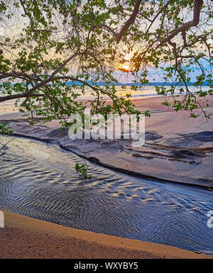 Romantic evening on the Ao Nang beach with a view on bright sunset sky through the trees branches and a creek, flowing to the Andaman sea, Krabi, Thai Stock Photo