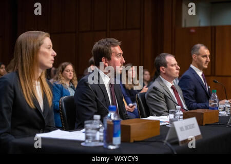 Washington DC, USA . 18th Sep, 2019. From left to right: Monika Bickert, Head of Global Policy Management, Facebook; Nick Pickles, Public Policy Director, Twitter; Derek Slater, Global Director of Information Policy, Google and George Selim, Senior Vice President of Programs, Anti-Defamation League testify before the United States Senate Committee on Commerce, Science and Transportation on 'Mass Violence, Extremism, and Digital Responsibility' on Capitol Hill in Washington, DC on Wednesday, September 18, 2019. Credit: MediaPunch Inc/Alamy Live News Stock Photo