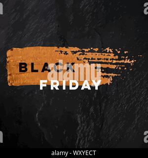 Black Friday sale vector banner with a golden bronze brush stroke texture on a black slate background, with a place for text and logo, square frame Stock Vector