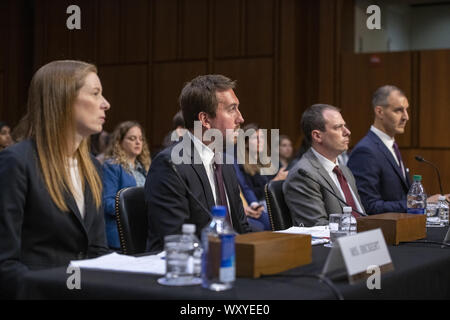 Washington DC, USA. 18th Sep, 2019. From left to right: Monika Bickert, Head of Global Policy Management, Facebook; Nick Pickles, Public Policy Director, Twitter; Derek Slater, Global Director of Information Policy, Google and George Selim, Senior Vice President of Programs, Anti-Defamation League testify before the United States Senate Committee on Commerce, Science and Transportation on ''Mass Violence, Extremism, and Digital Responsibility'' on Capitol Hill in Washington, DC on Wednesday, September 18, 2019 Credit: Ron Sachs/CNP/ZUMA Wire/Alamy Live News Stock Photo