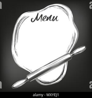 Rolled dough and rolling pin top view, background for text hand drawn vector illustration sketch, drawn in chalk on a black Board. Stock Vector