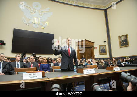 September 17, 2019, Washington, District of Columbia, USA: Former Trump campaign manager Corey Lewandowski is sworn-in to give testimony before the United States House Committee on the Judiciary as it conducts a hearing titled ''Presidential Obstruction of Justice and Abuse of Power'' on Capitol Hill in Washington, DC on Tuesday, September 17, 2019. The empty chair at left is reserved for Rick Dearborn, who refused to appear and the empty chair at right is reserved for Robert Porter, who also refused to appear. Credit: Ron Sachs/CNP.(RESTRICTION: NO New York or New Jersey Newspapers or new Stock Photo