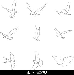 One line bird set. Birds collection. Hand drawn. Vector illustration Stock Vector