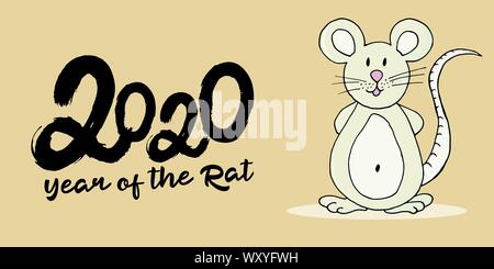 Year of the Rat. 2020 typographic inscription on a yellow background. Happy New Year 2020. Banner, flyer, postcard. Symbol of the year. Cartoon style Stock Vector