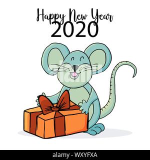 Year of the Rat 2020. Festive symbol cartoon style on a white background. Happy New Year 2020. Banner. Rat with gifts Stock Vector
