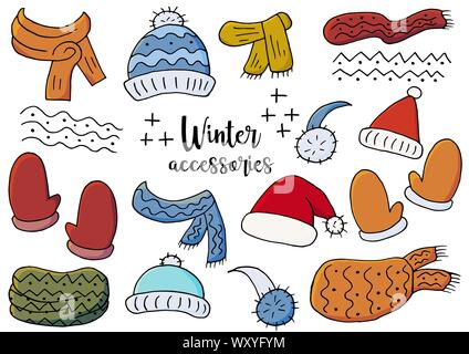 Set of winter accessories. Winter season elements for your design. A collection of hats, scarves, snoods, mittens, isolated and grouped. Light and sha Stock Vector