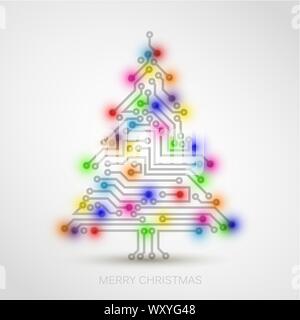 Vector christmas tree from digital electronic circuit and colorful lights Stock Vector