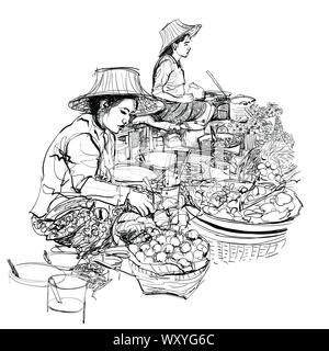 Vendors in a street market in Thailand - vector illustration (Ideal for printing on fabric or paper, poster or wallpaper, house decoration, advertisem Stock Vector