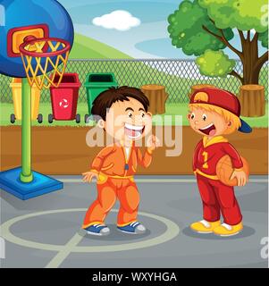 Two boys playing basketball in park illustration Stock Vector