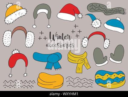 Winter accessories. Winter season elements for your design. A collection of hats, scarves, snoods, mittens, isolated and grouped Stock Vector