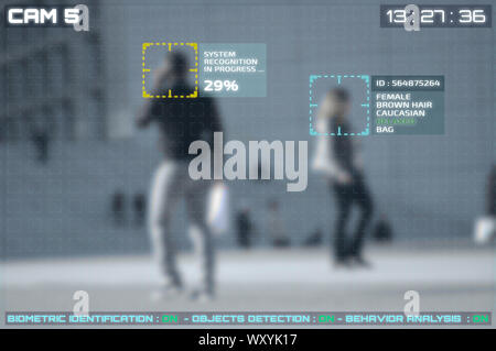 Simulation of a screen of cctv cameras with facial recognition on a large place in a city Stock Photo