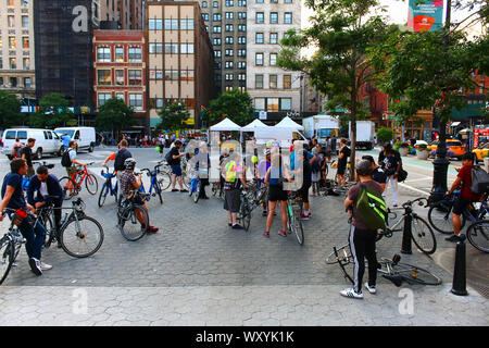 Cyclist begin to gather in north end of Union Square to take part in the New York Critical Mass in Manhattan on JULY 26th, 2019 in New York, USA. (Pho Stock Photo