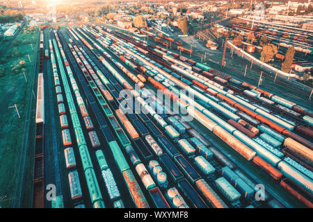 Aerial view of freight trains. Cargo wagons on railway station Stock Photo