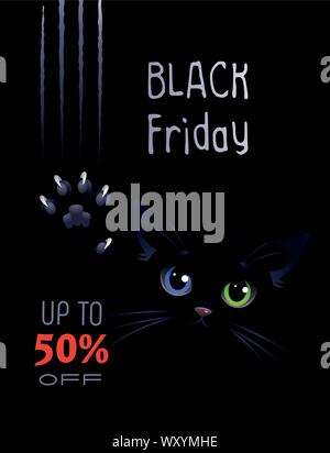 Black Friday. Black cat with eyes of different colors on the black background scratched surface with claws and sales text. Vector illustration. Stock Vector