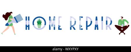 Vector illustration with people holding tools for painting works, home repair inscription. Painting, repair of premises. Building, construction, home Stock Vector